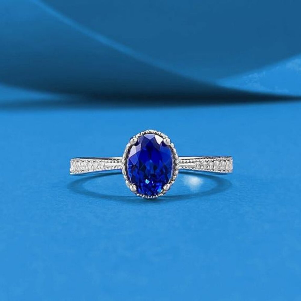 Vintage Style Oval Blue Sapphire & CZ Accent Sterling Silver Ring (Size 5)